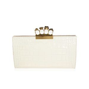 Alexander McQueen Ivory Croc-Embossed Leather Skull Four-Ring Flat Pouch